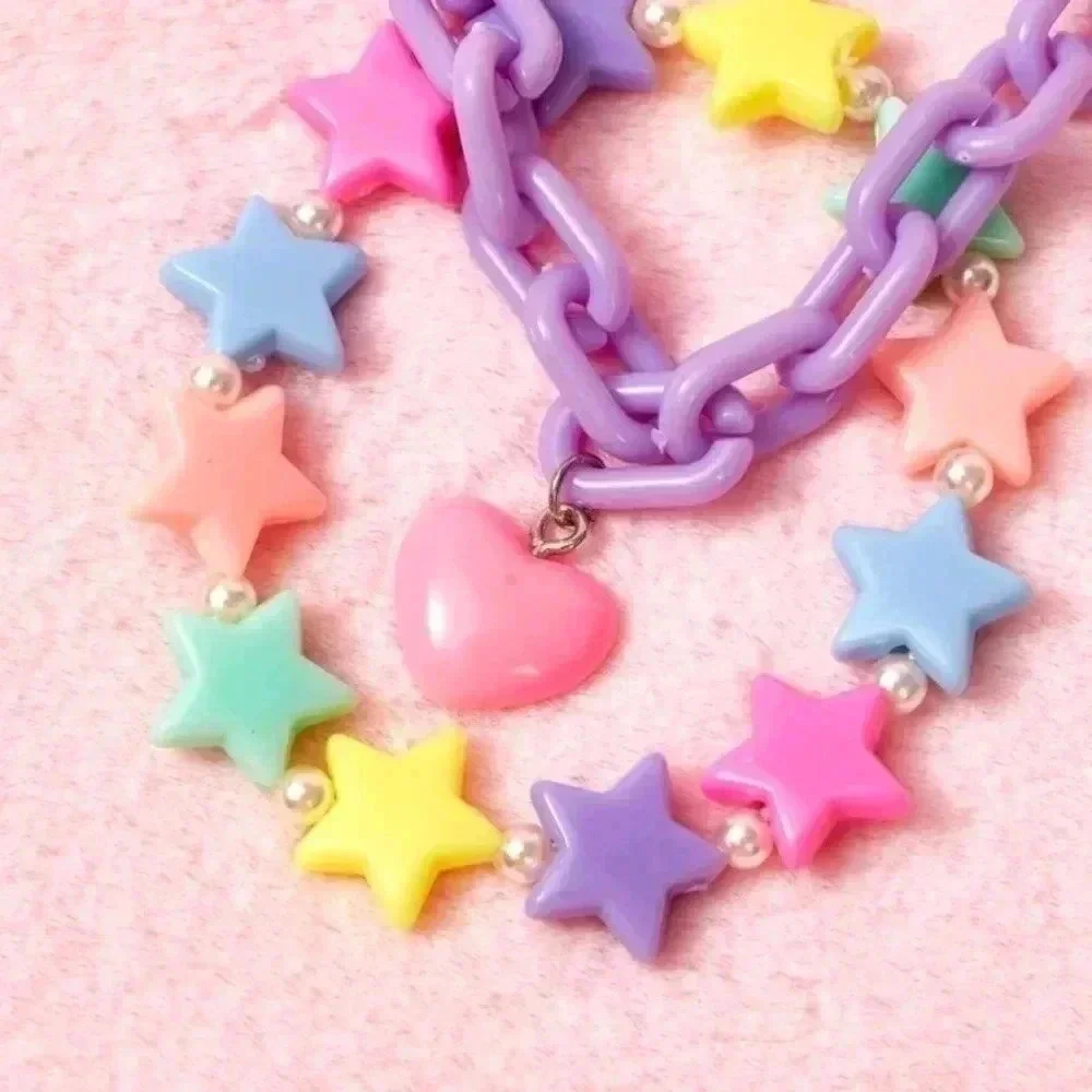 Three piece pastel purple rainbow color graphic Star girls bracelet set jewelry